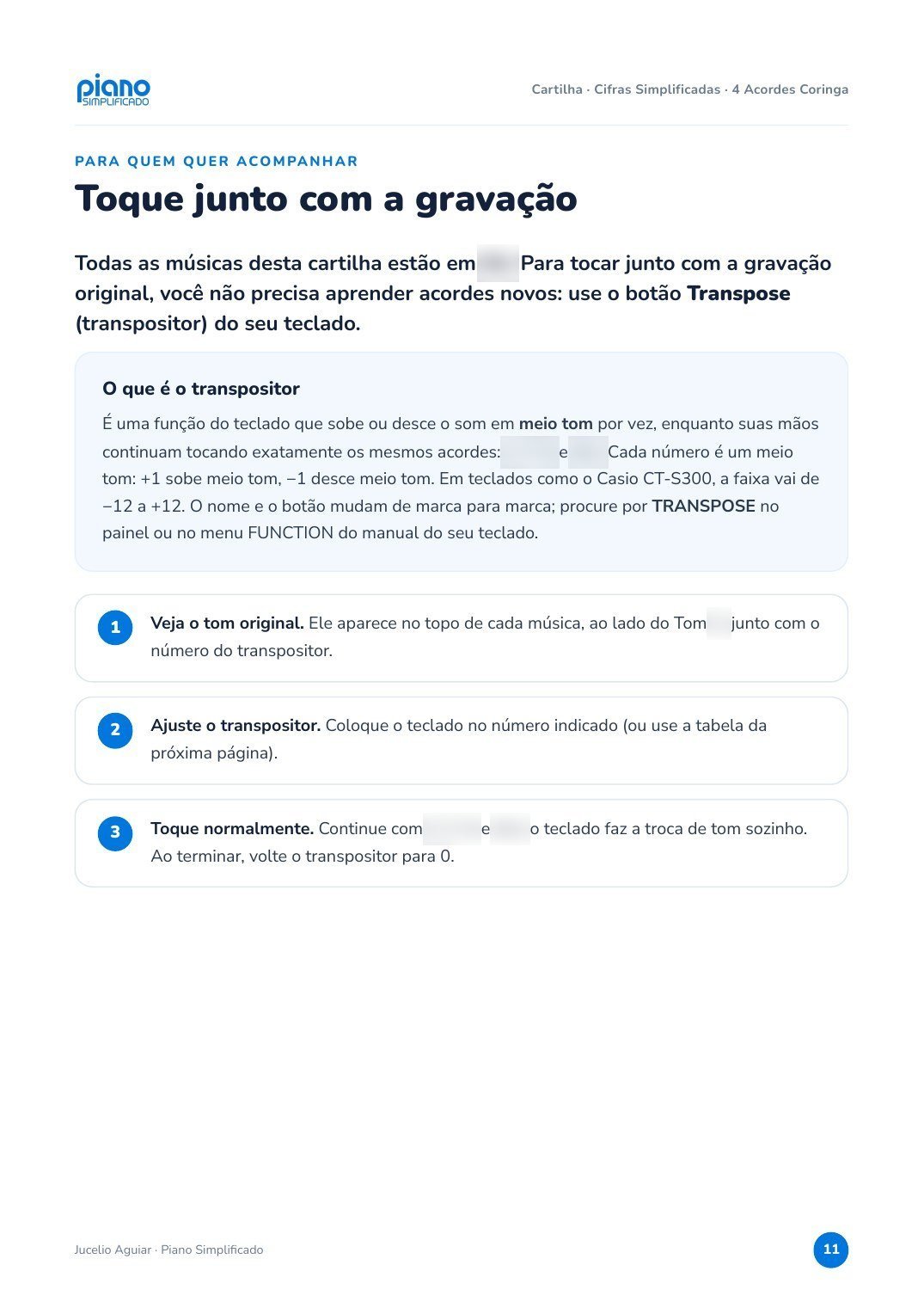 Página do guia do transpositor com os acordes ocultos